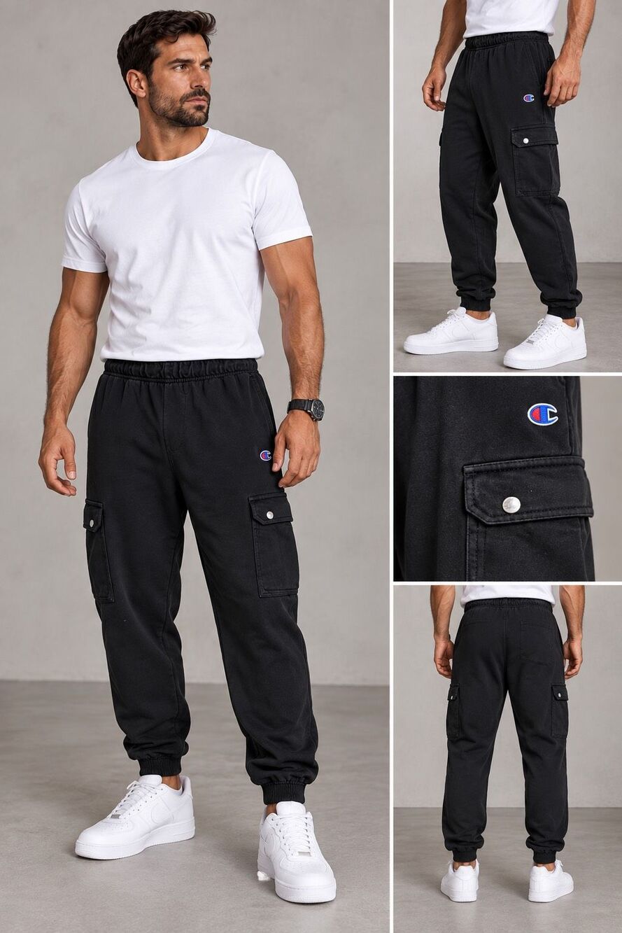 Champion Black Cargo Joggers Athletic Sweatpants Elastic Waist Size 1XL